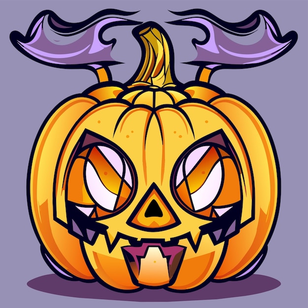 Vector scary pumpkin halloween lantern hand drawn flat stylish cartoon sticker