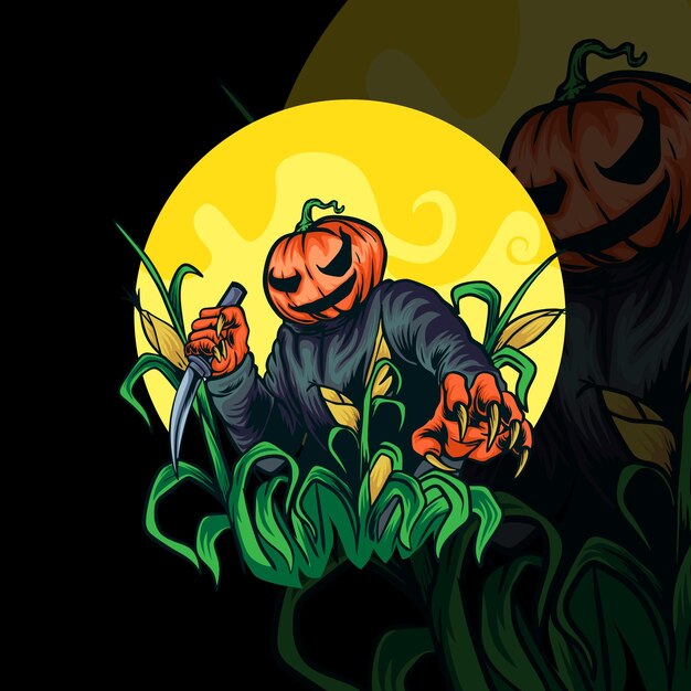 Vector scary pumpkin holding knife illustration