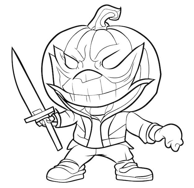 Scary Pumpkin With Knife Coloring Page