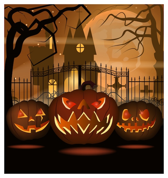 Scary pumpkins against iron fence illustration