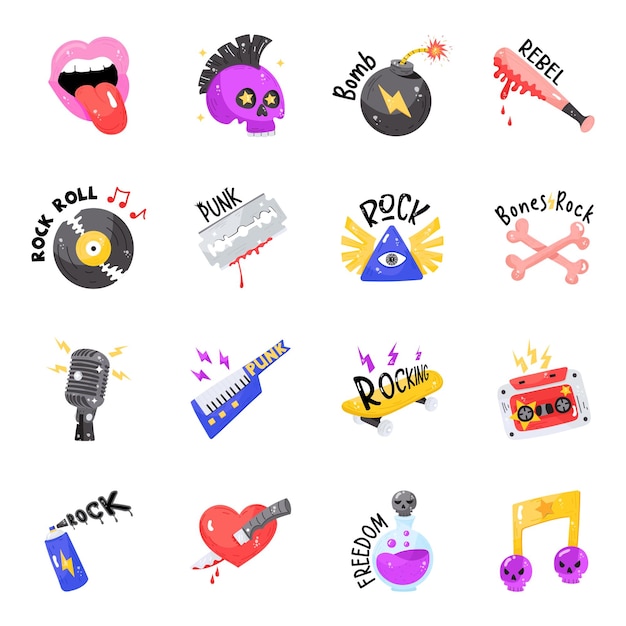 Scary rock flat sticker icons