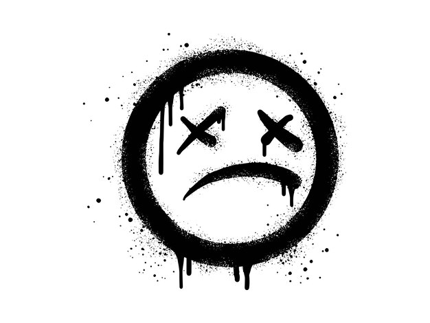 Scary sick face emoticon character Spray painted graffiti Sad face in black over white isolated on white background vector illustration