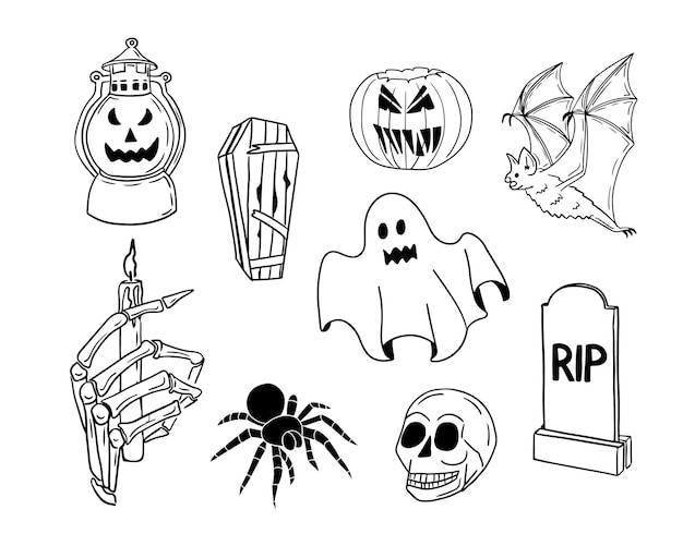 Scary sketch single line hand drawn halloween set