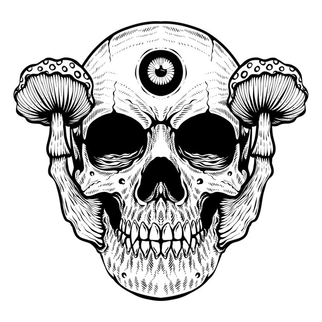 Vector scary skull mushroom with eye hand drawn vector coloring page ingking illustrations