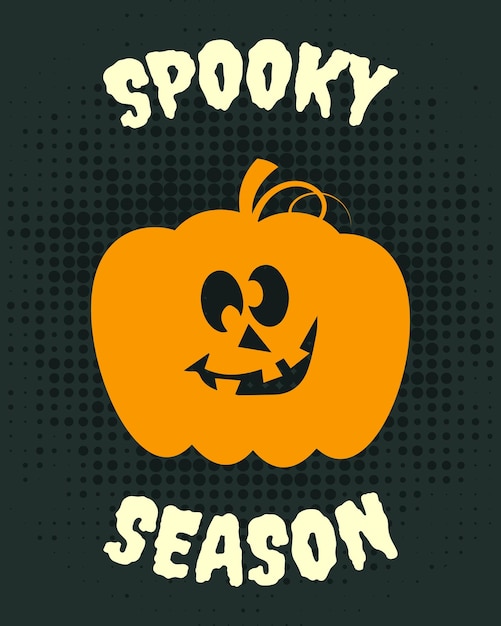 Scary and terrible pumpkin face and Spooky Season text on dark background. Halloween print, vector