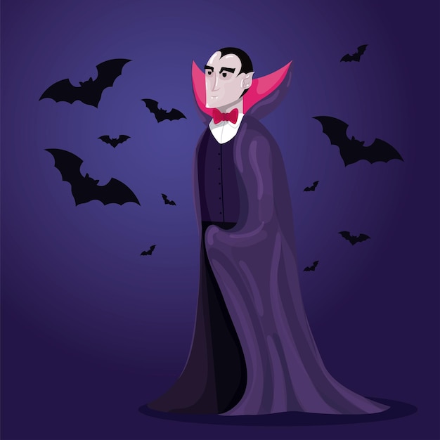 Vettore vampiro spaventoso con pipistrelli personaggio fantastico illustrazione vettoriale