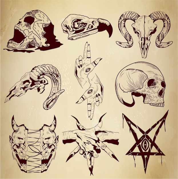 Scary vintage satan demon vector collection with horned goat skull