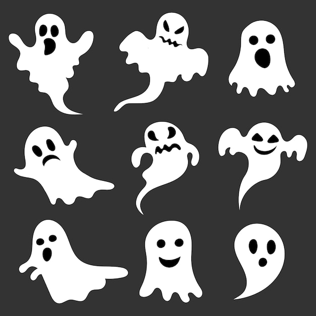 Scary white ghost characters set on black background. happy Halloween day holiday on 31 october.