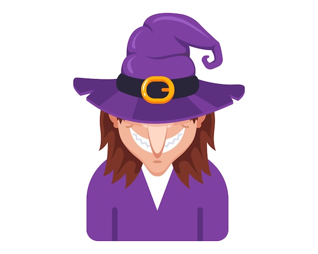 Vector scary witch in purple robe and magic hat