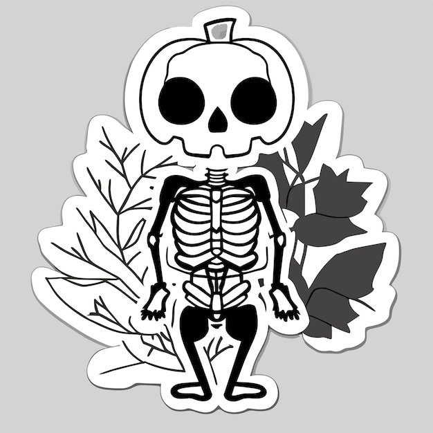 Vector scary zombie skeleton hand drawn flat stylish cartoon sticker icon concept isolated illustration
