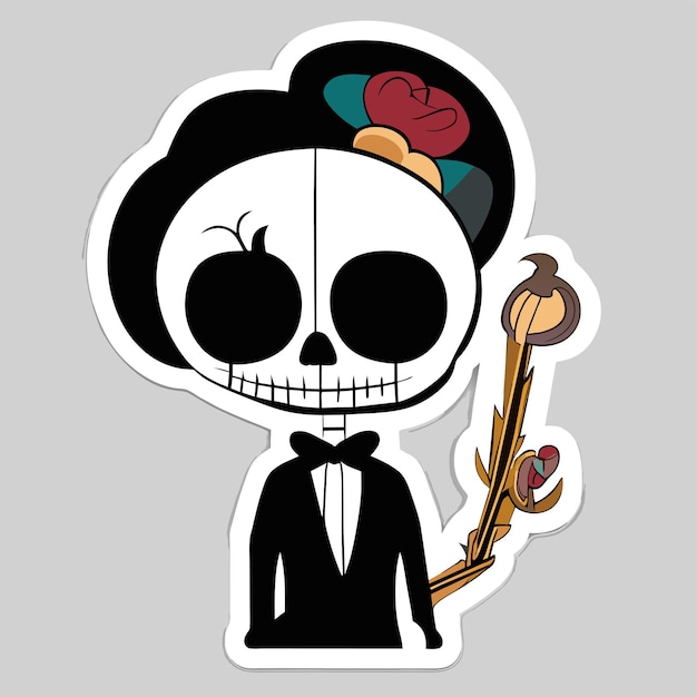 Vector scary zombie skeleton hand drawn flat stylish cartoon sticker icon concept isolated illustration