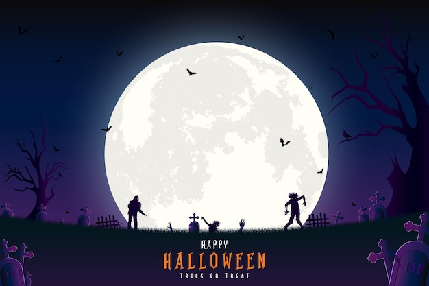 Scary zombies and ghosts come out from cemetery at night with moon and bat halloween background