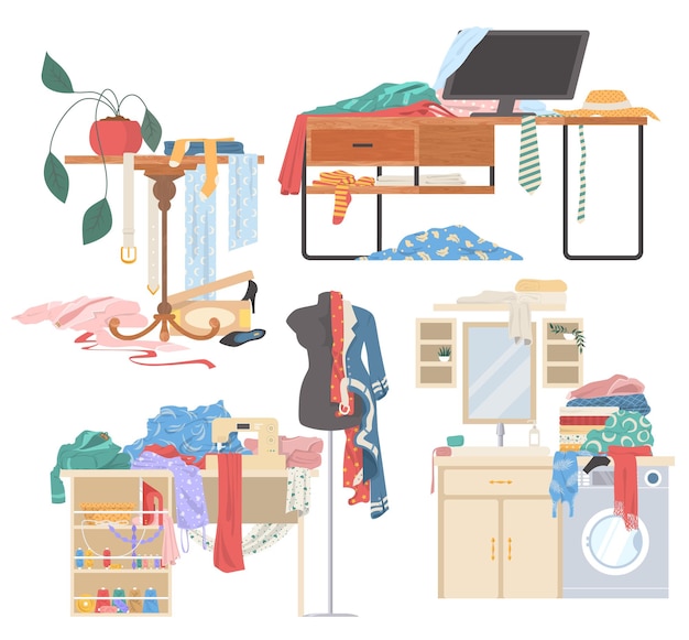 Scattered clothes female stuff on desk on washing machine on table vector isolated illustration mess...