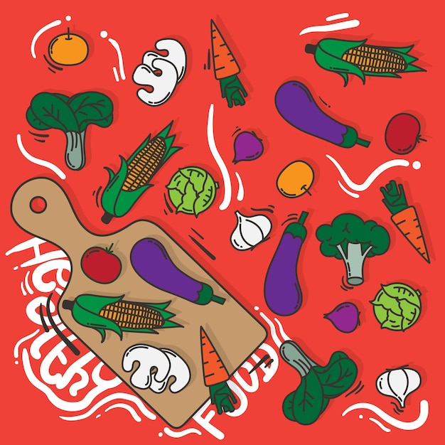 Scattered vegetables with simple vegetables and cook mat design in orange background