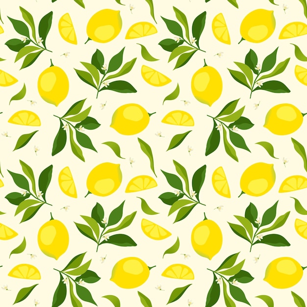 Vector scattered whole lemons slices and leaves