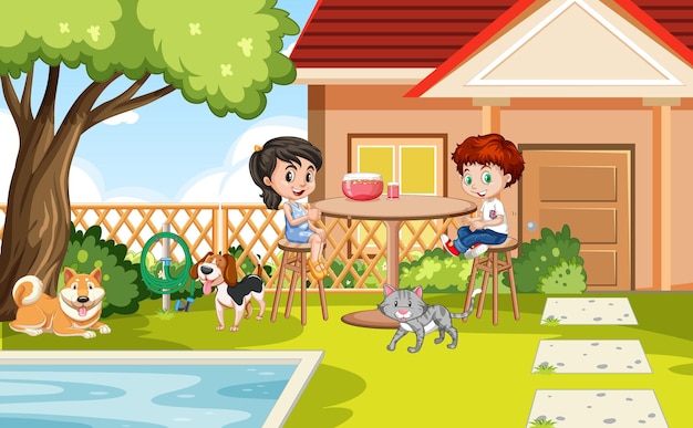 Scene of backyard with kids and fence