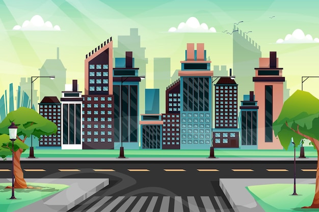 Vector scene of beautiful cityscape with hight building, shop and street with park