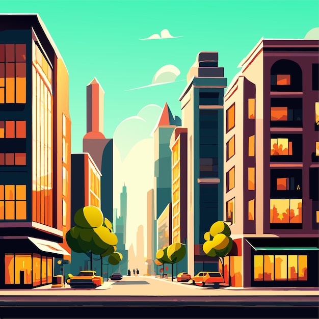 Vector scene of beautiful cityscape with hight building shop and street with park