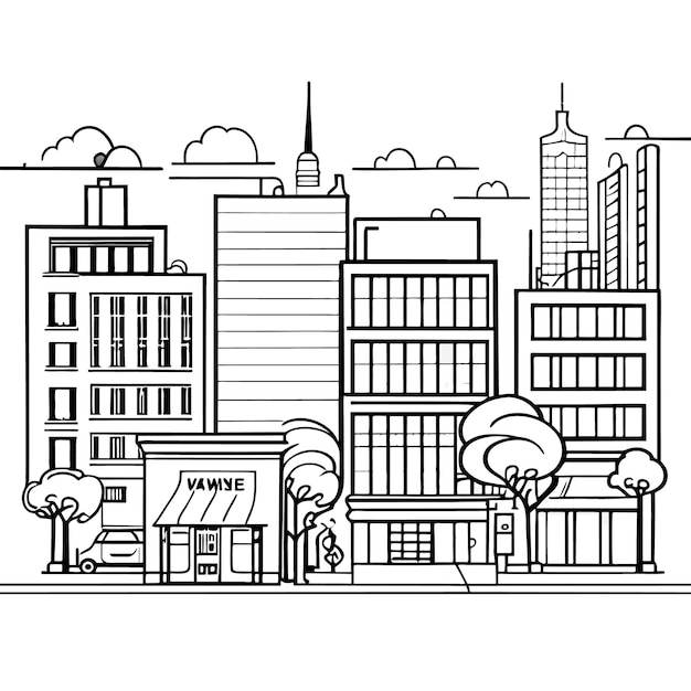 Vector scene of beautiful cityscape with hight building shop and street with park