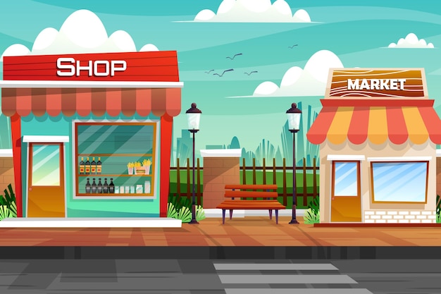 Vector scene of beverage shop on street at front of fence near nature park in city