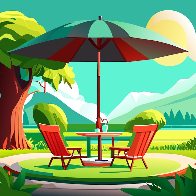 Scene of chair with coffee table and umbrella near green lawn in nature park