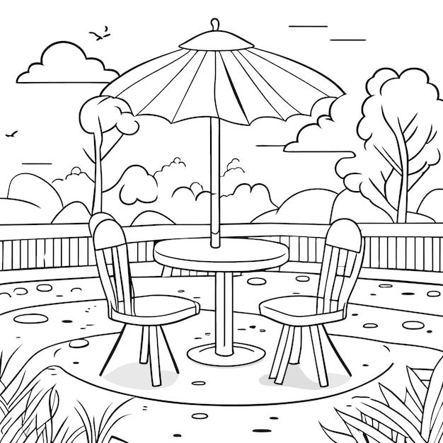 Scene of chair with coffee table and umbrella near green lawn in nature park