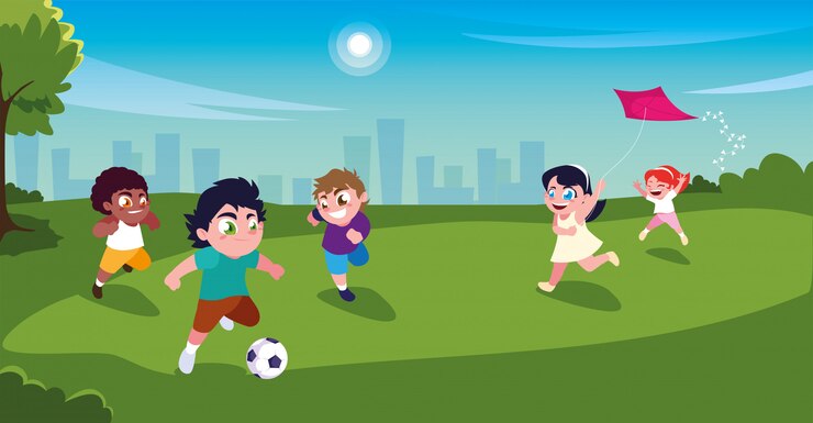 Vector scene of children smiling and playing in park
