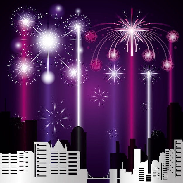 Vector scene cityscape with fireworks