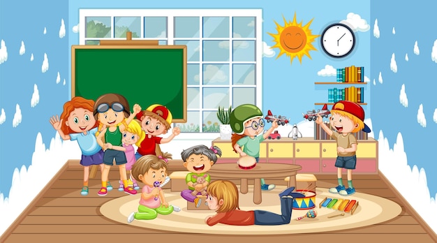 Scene of classroom with many children playing