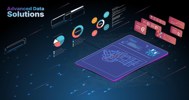 The scene features advanced data solutions displayed on a tablet Interactive charts graphs and a digital map appear in a futuristic setting highlighting technology and data visualization