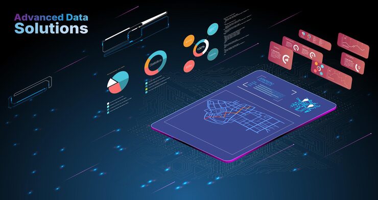 Vector the scene features advanced data solutions displayed on a tablet interactive charts graphs and a digital map appear in a futuristic setting highlighting technology and data visualization