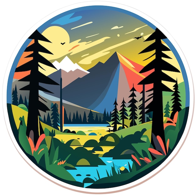 Scene of forest with river and many trees hand drawn cartoon sticker icon concept illustration