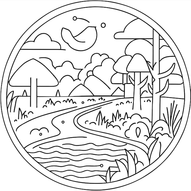 Scene of forest with river and many trees hand drawn cartoon sticker icon concept illustration