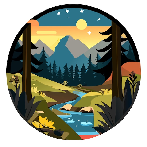 Vettore scena di foresta con fiume e molti alberi disegnata a mano adesivo a cartone animato icon concept illustration
