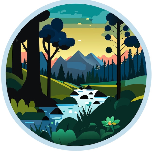 Scene of forest with river and many trees hand drawn cartoon sticker icon concept illustration