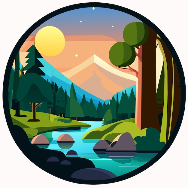 Scena di foresta con fiume e molti alberi disegnata a mano adesivo a cartone animato icon concept illustration