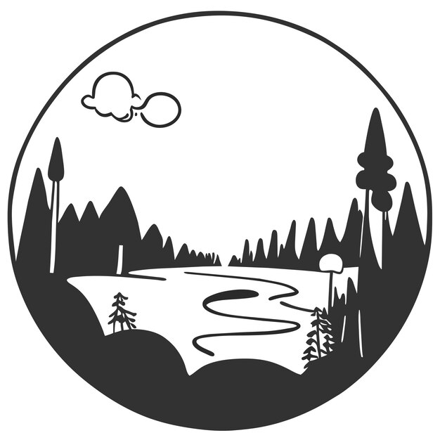 Vector scene of forest with river and many trees hand drawn cartoon sticker icon concept illustration