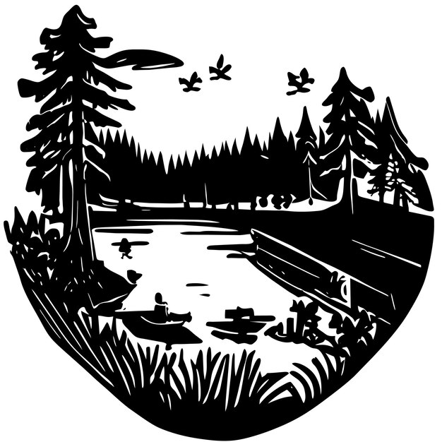 Scene of forest with river and many trees hand drawn cartoon sticker icon concept illustration