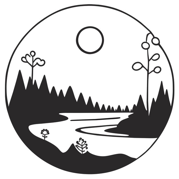 Scene of forest with river and many trees hand drawn cartoon sticker icon concept illustration