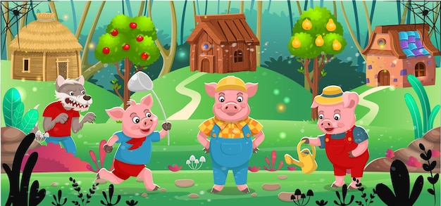 Vector scene from the fairy tale the three little pigs three little pigs stand near their houses