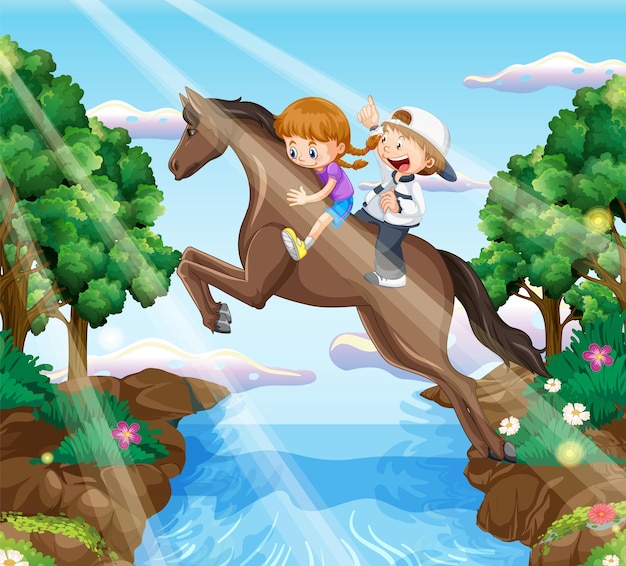 A scene of girl and friend riding on a horse