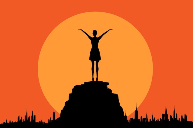 Scene of a Happy Woman silhouette standing on the top of mountain and a city at background