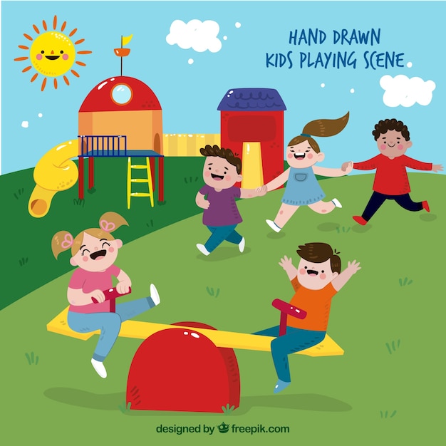 Vector scene of kids playing in a playground