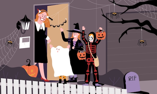 Scene of kids in spooky costume play trick or treat in halloween day