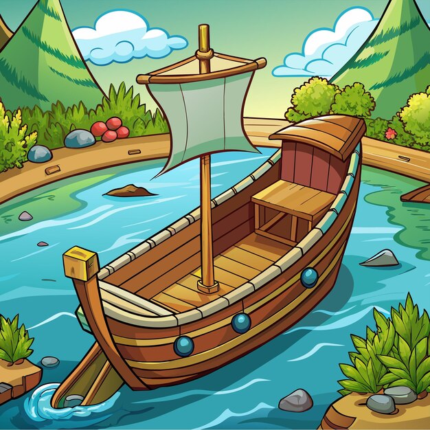 Vector scène met houten boot op de kust met de hand getekende sticker icoon concept geïsoleerde illustratie