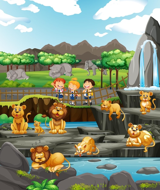 Scène met kinderen en veel leeuwen