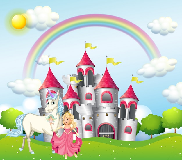 Scène met prinses en eenhoorn bij roze kasteel
