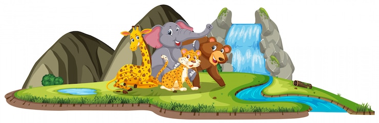 Vector scène met veel wilde dieren bij de waterval