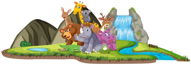 Scène met veel wilde dieren bij de waterval