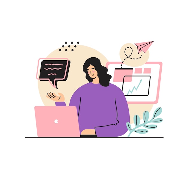 Scène met Vrouw werkt via computer neem deel aan chatgesprek Gebruik voor zakelijke websites